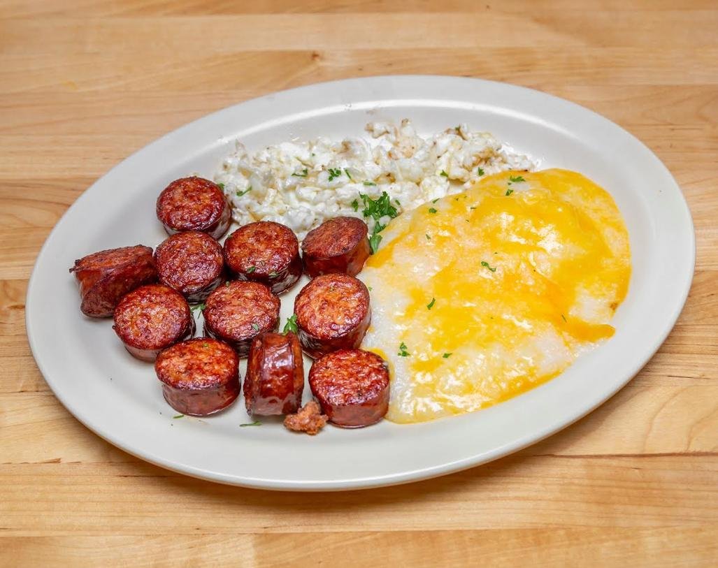 Smoked sausage, eggs, and hash browns